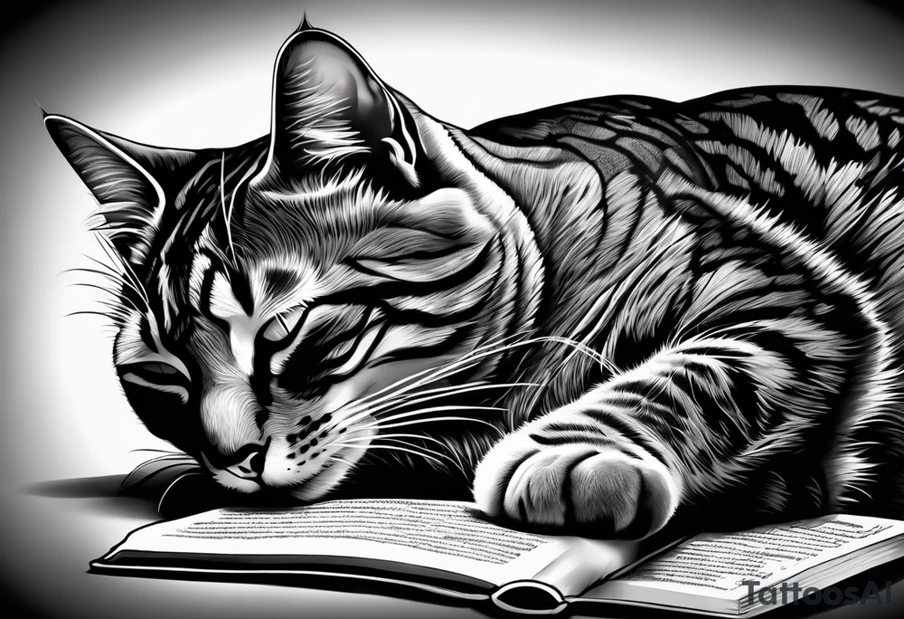 gray tabby cat sleeping with a book sleeve tattoo tattoo idea