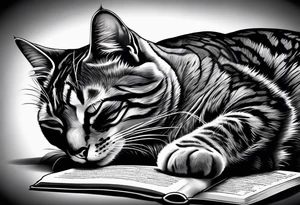 gray tabby cat sleeping with a book sleeve tattoo tattoo idea