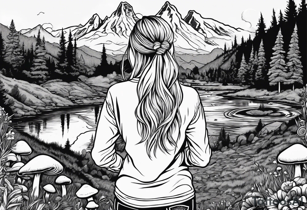 Whole picture encircled fully

Straight long blonde hair hippie girl in distance holding mushrooms in hand facing away toward mountains and creek surrounded by mushrooms long sleeve shirt and hiking pants; whole rendering within a full circle, no cut off circle tattoo idea