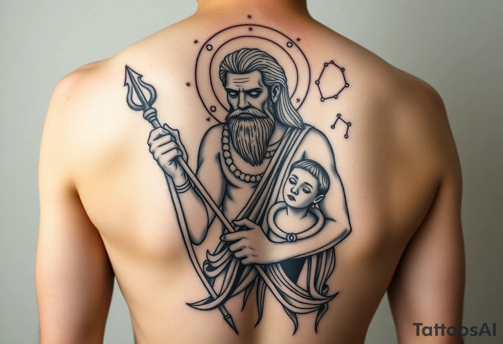 a tattoo design of the Greek God Saturn but older and nearly dying holding a spear with the astrology Saturn symbol as the spear head, in his other arms cradling a twin dying younger version of himself. The gemini constellation is in the background behind the Saturn Gods. Long vertical form as this will be on a thigh tattoo idea