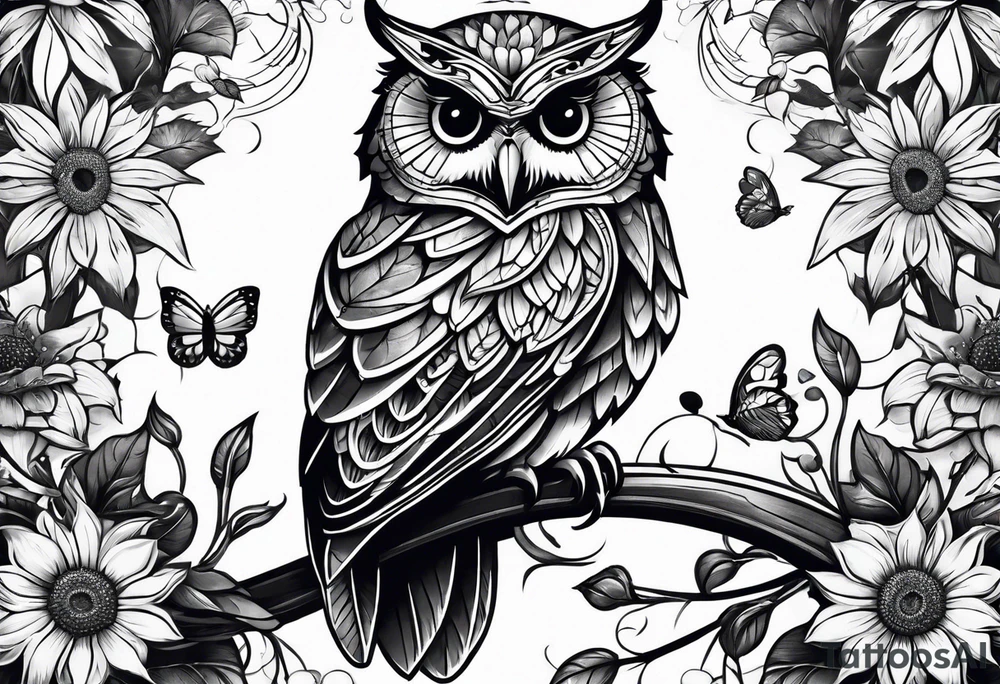 Sleeve with an owl, sunflower and butterfly tattoo idea