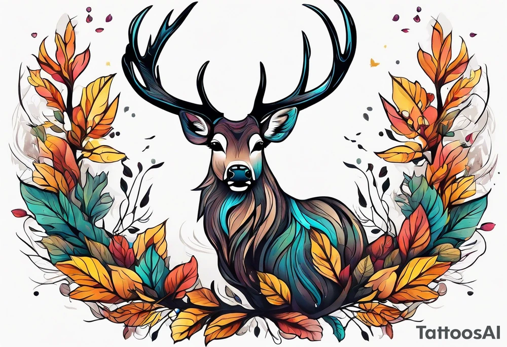 deer antlers flying away in leaves tattoo idea