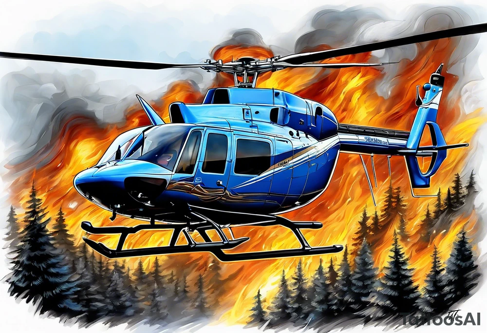 a bell 407 helicopter with the name "T. Sousa" on it, with multiple other helicopters below it, over a wildfire, with the pilot wearing night vision goggles. tattoo idea