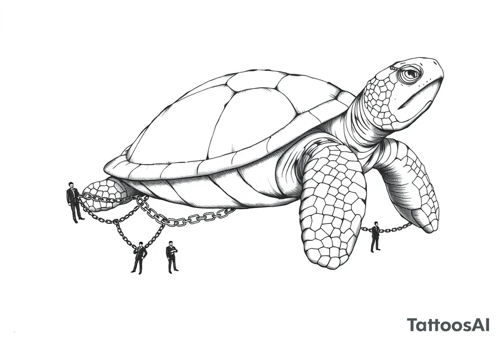 I giant turtle with chains around its legs with tiny men at the endss of it tattoo idea