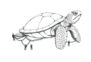 I giant turtle with chains around its legs with tiny men at the endss of it tattoo idea