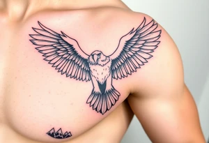 majestic eagle spreading wings against mountain peaks tattoo idea