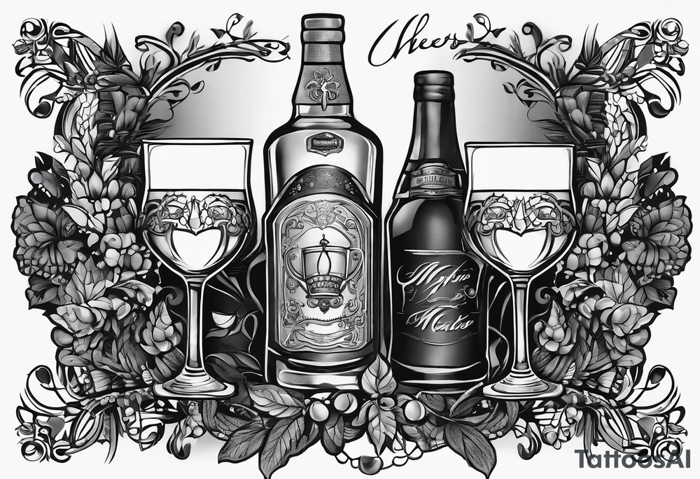 "Cheers Mate" black and grey ink armband, intricate, artistic +abstract +grey Cancer Ribbon +toasting bourbon glass tattoo idea