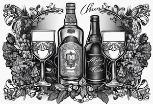 "Cheers Mate" black and grey ink armband, intricate, artistic +abstract +grey Cancer Ribbon +toasting bourbon glass tattoo idea