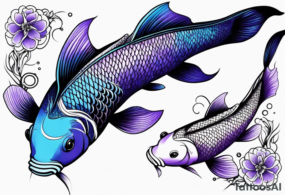 A male and female blue and purple koi fish with whiskers with three babies tattoo idea