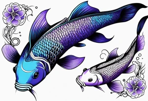 A male and female blue and purple koi fish with whiskers with three babies tattoo idea