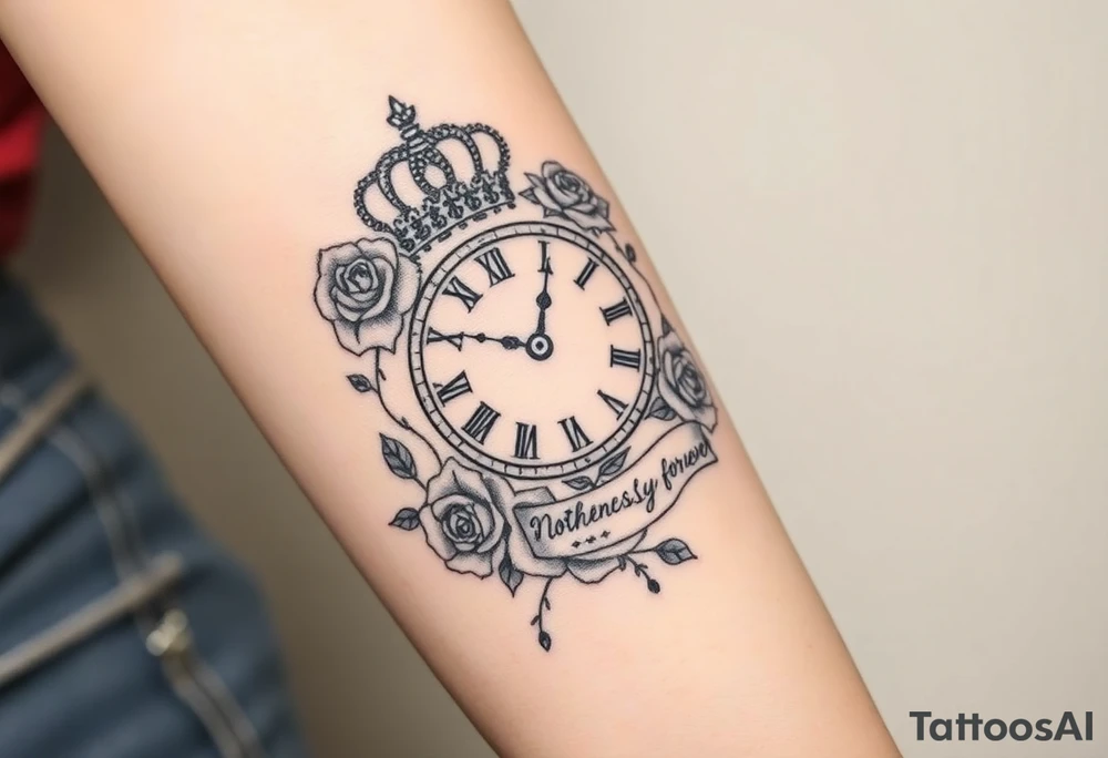 Roman clock with a crown, surrounded by  roses and a quote that says nothings forever and with playing cards tattoo idea