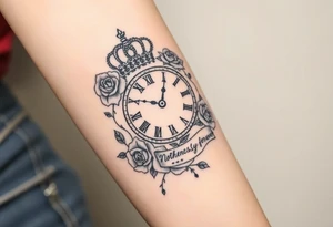 Roman clock with a crown, surrounded by  roses and a quote that says nothings forever and with playing cards tattoo idea