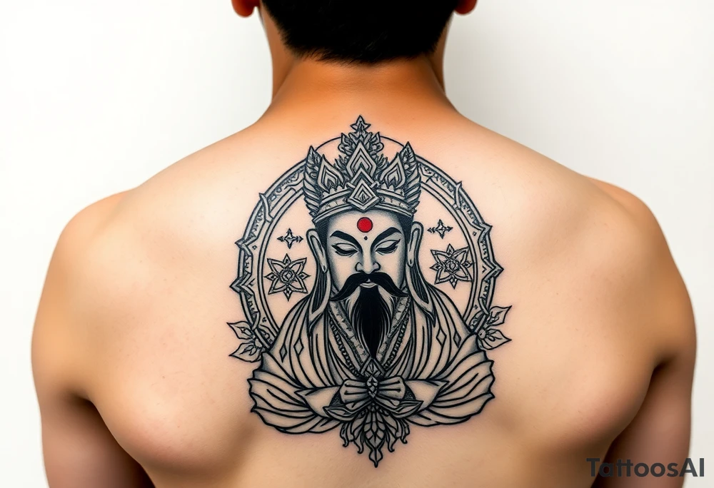 "Tibetan thangka tattoo but deity is a crypto wallet with QR face. Geometric patterns, black/red ink." tattoo idea