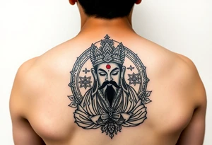 "Tibetan thangka tattoo but deity is a crypto wallet with QR face. Geometric patterns, black/red ink." tattoo idea