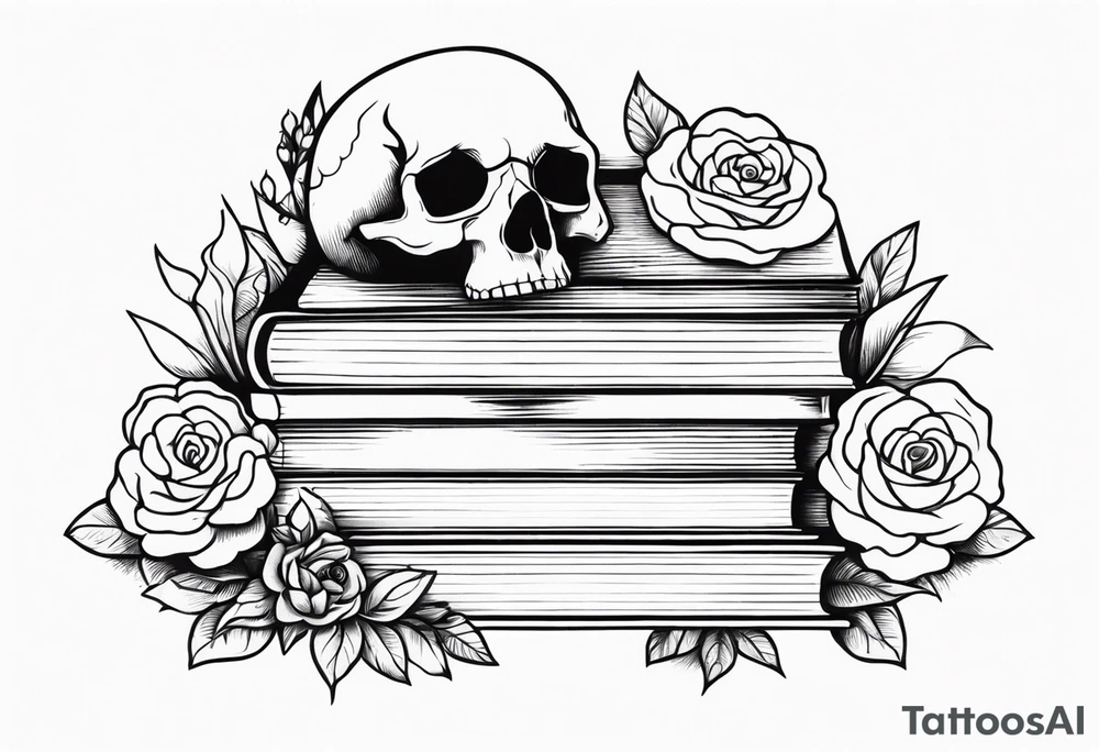feminine tattoo of stacked books and flowers with a snake and skull tattoo idea