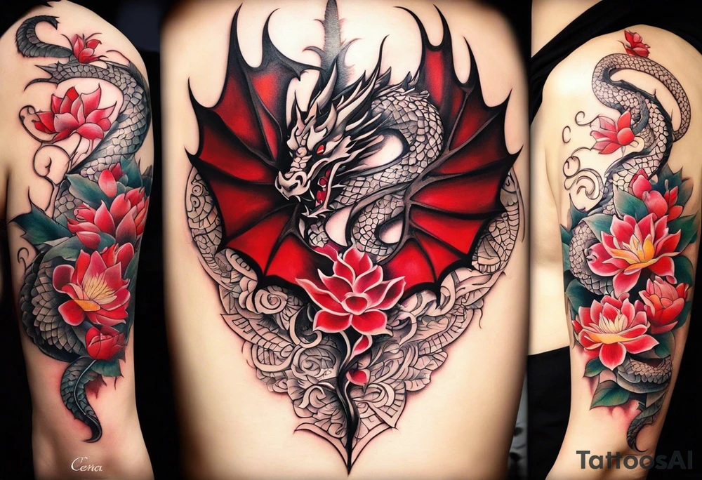 Quiero un tatuaje en toda la espalda con dos dragones verticales uno en frente del otro (uno con cara fiera y el otro con cara amable), con un sol o luna rojo en medio, y otros detalles de letras en japonés y flores pequeñas tipo flor de cerezo (en rojo y negro) tattoo idea