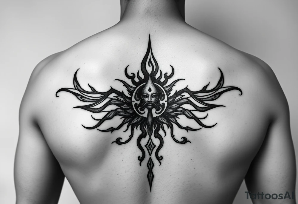 Sak yant Thai tattoo that allows me to access all my powers and magick such as immortality granting immortality to those I ressurect with my blood and creating new magick or allows me to craft new magick grants me telekinesis telepathy allows me to move through shadow to shadow allows me to jump in shadows into the shadow world and move through it allows me to control other people and gods or anyone's magic and body through phychic control as well as seeing spirits and other entities of higher and lower vibrations not seen with naked eyes as well as allows me to communicate with them as azura kaluk mizuzu a supreme one or the Lord of lords he who is the supreme reflection of she who is the Lord of the eternal flame tattoo idea