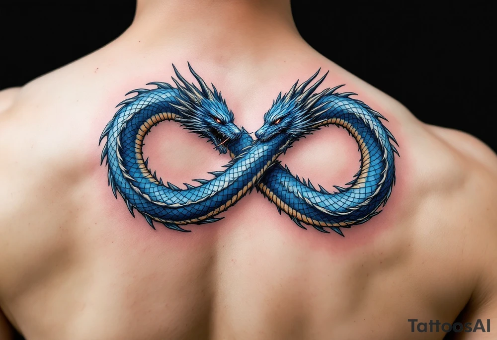 The design features a dragon, coiled in the shape of the infinity symbol (sideways number "8"). The dragon is depicted eating its own tail, symbolizing eternity and continuity, inspired by the Ouroboros.

Details:

The dragon's body has vibrant, glossy blue scales, with a smooth and polished texture.
It maintains a clean, balanced shape in the infinity figure, with sharp details and elegant flow.
Style:

The focus remains on the dragon's form, with no additional background elements to keep the design minimal and modern. tattoo idea