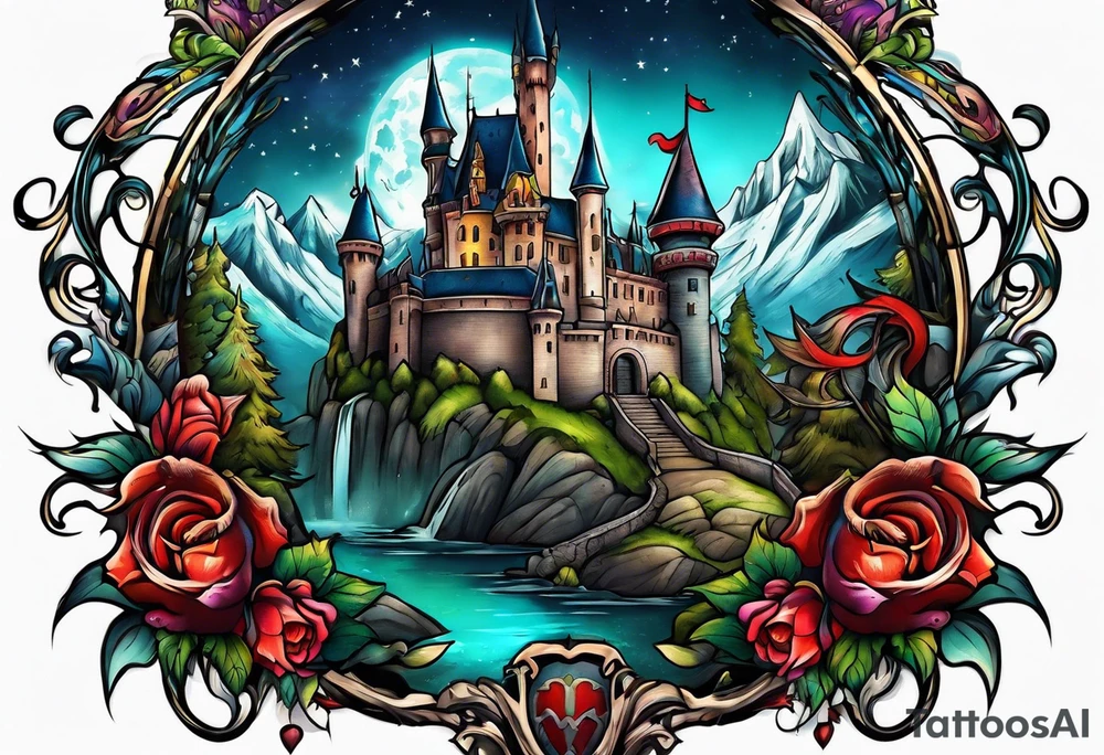 Horror tattoo with castle and monsters tattoo idea
