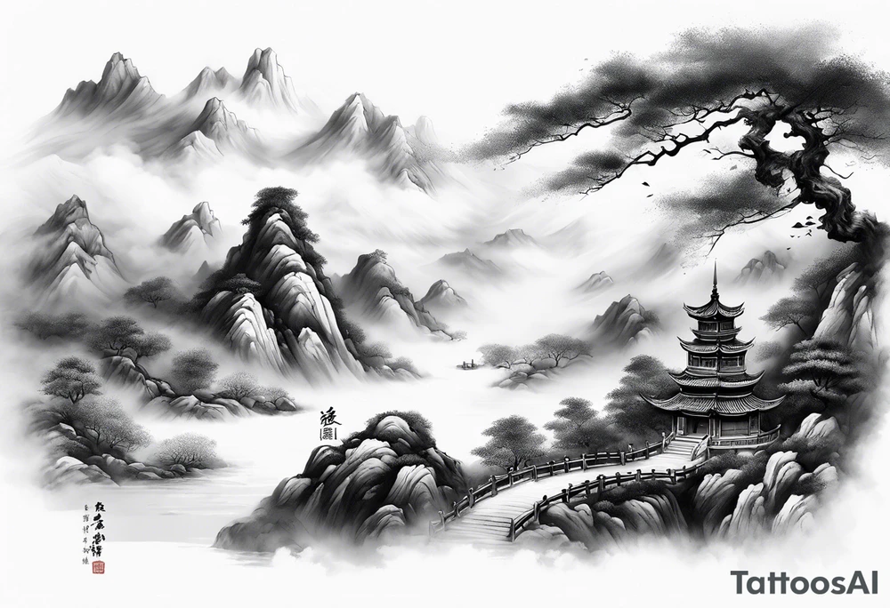 forearm sleeve traditional chinese art painting style autumn mountains mist fog water Chinese temple 2 males wearing robes seated drinking tea tattoo idea