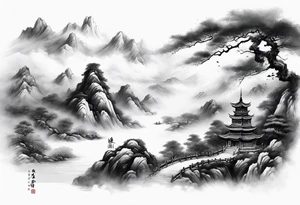 forearm sleeve traditional chinese art painting style autumn mountains mist fog water Chinese temple 2 males wearing robes seated drinking tea tattoo idea