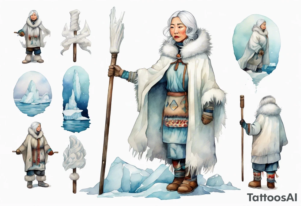 a middle aged Inuit woman with white hair, wearing mittens, mukluks, and a white cloak. Holding a white staff. Standing on an iceberg in the sea tattoo idea