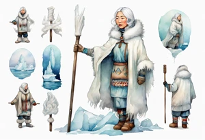 a middle aged Inuit woman with white hair, wearing mittens, mukluks, and a white cloak. Holding a white staff. Standing on an iceberg in the sea tattoo idea