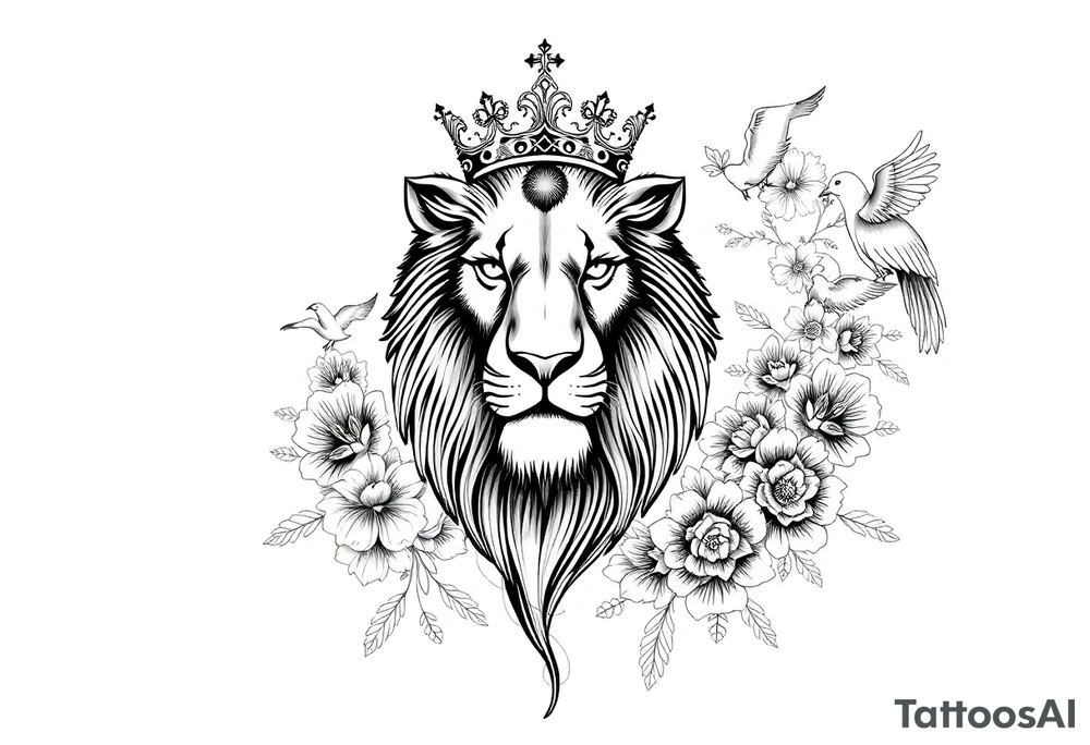 powerful majestic lion with a crown, surrounded by floral ornaments and birds tattoo idea