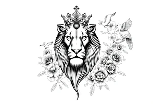 powerful majestic lion with a crown, surrounded by floral ornaments and birds tattoo idea