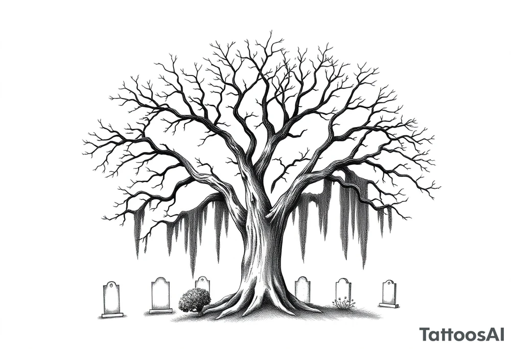 Laurel oak with Spanish moss in a cemetery tattoo idea