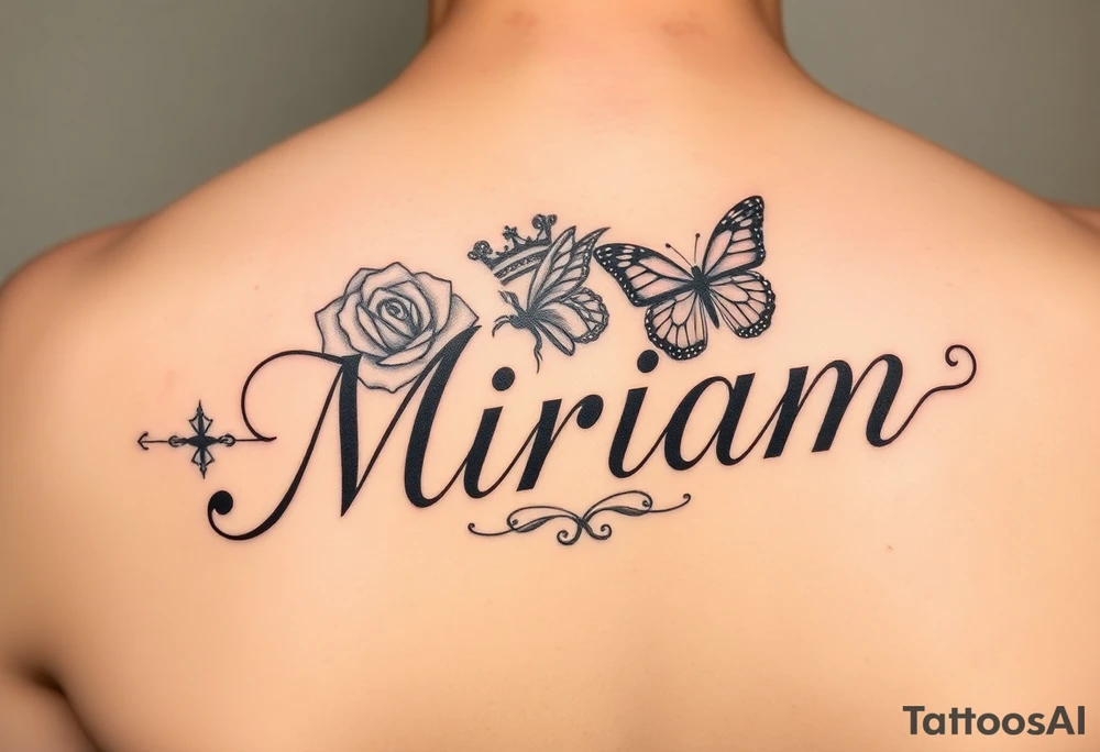 Name tattoo that’s says Miriam with a rose, crown, and butterfly for forearm tattoo idea