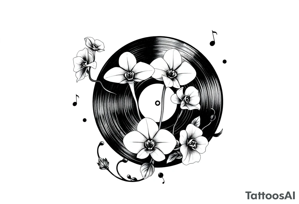 one black and white vinyl record with mushrooms, two orchids, and music notes around it tattoo idea