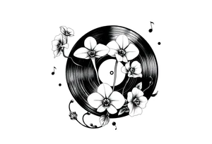 one black and white vinyl record with mushrooms, two orchids, and music notes around it tattoo idea