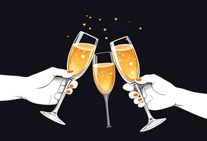 Three bubbly champagne glasses clinking together, filled with golden liquid and sparkling with tiny heart-shaped bubbles. tattoo idea