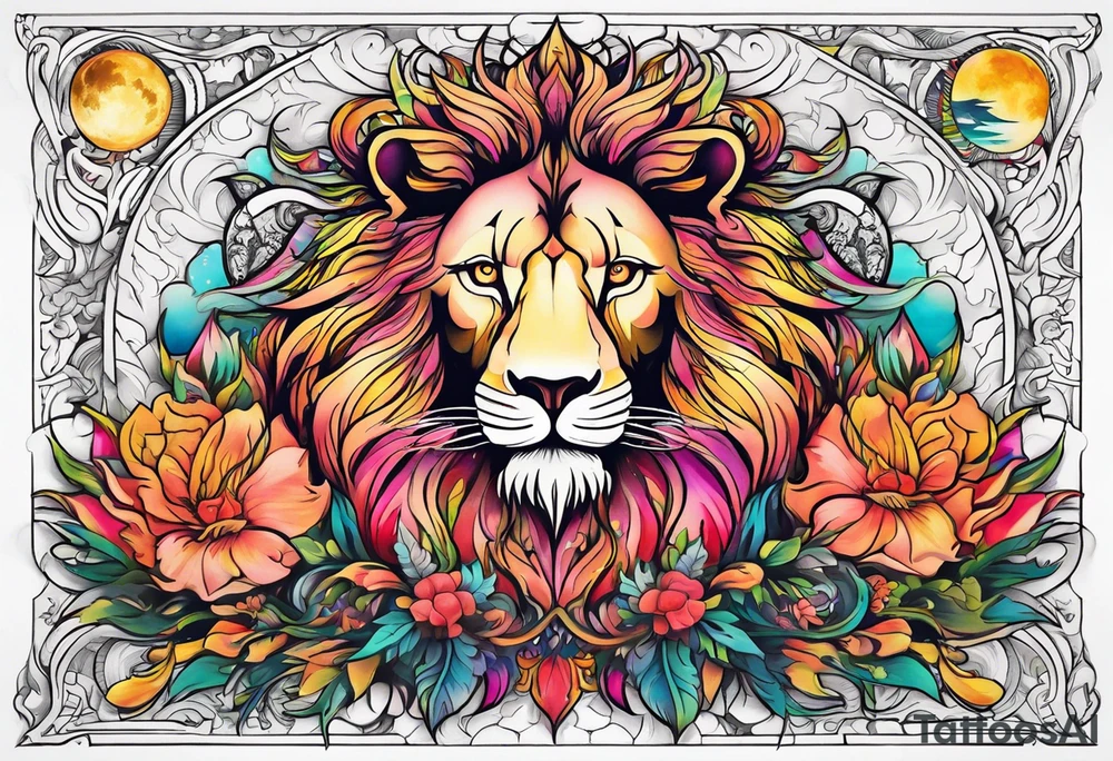 Lion phoenix rose moon tattoo idea