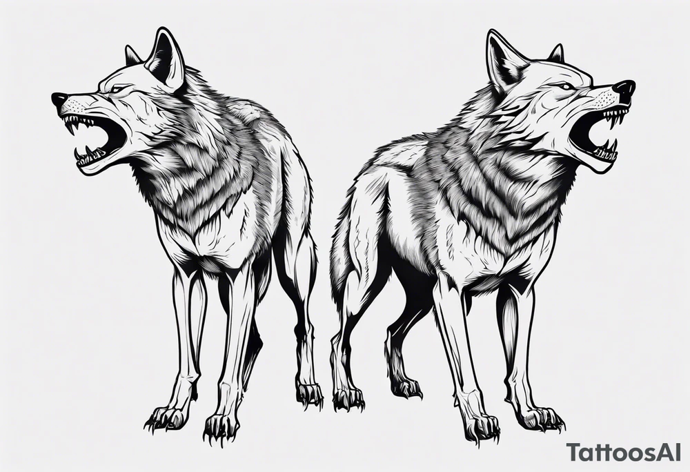 two wolves with their jaws closed and dancing on their hind legs. they should be visibly dancing and facing one another. They should have their jaws closed tattoo idea
