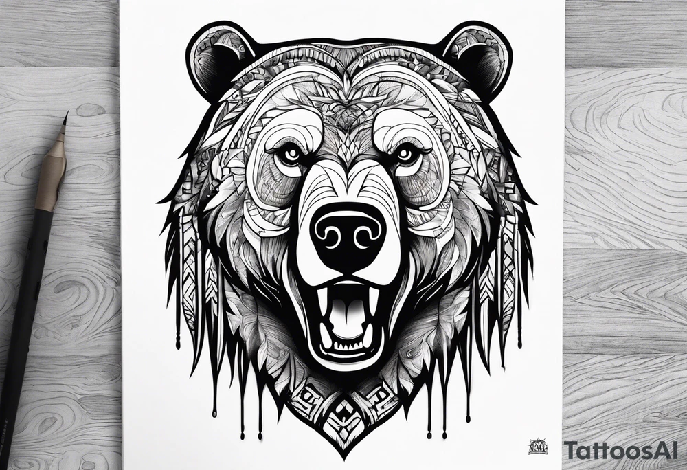 Powerful bear with the word family written tattoo idea