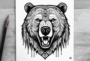 Powerful bear with the word family written tattoo idea