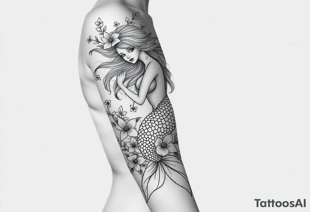 ethereal mermaid with flowing hair among coral and sea flowers tattoo idea