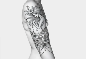 ethereal mermaid with flowing hair among coral and sea flowers tattoo idea