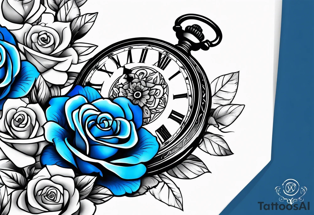 Pocket watch, banners, blue roses tattoo idea