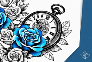 Pocket watch, banners, blue roses tattoo idea