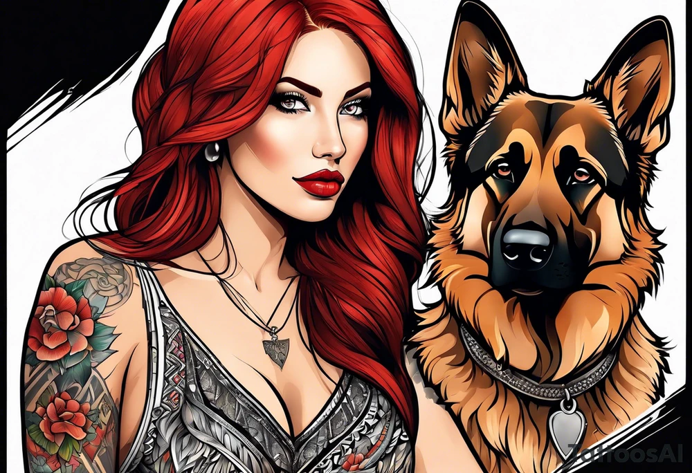 red hair woman with German shepherd dog tattoo idea