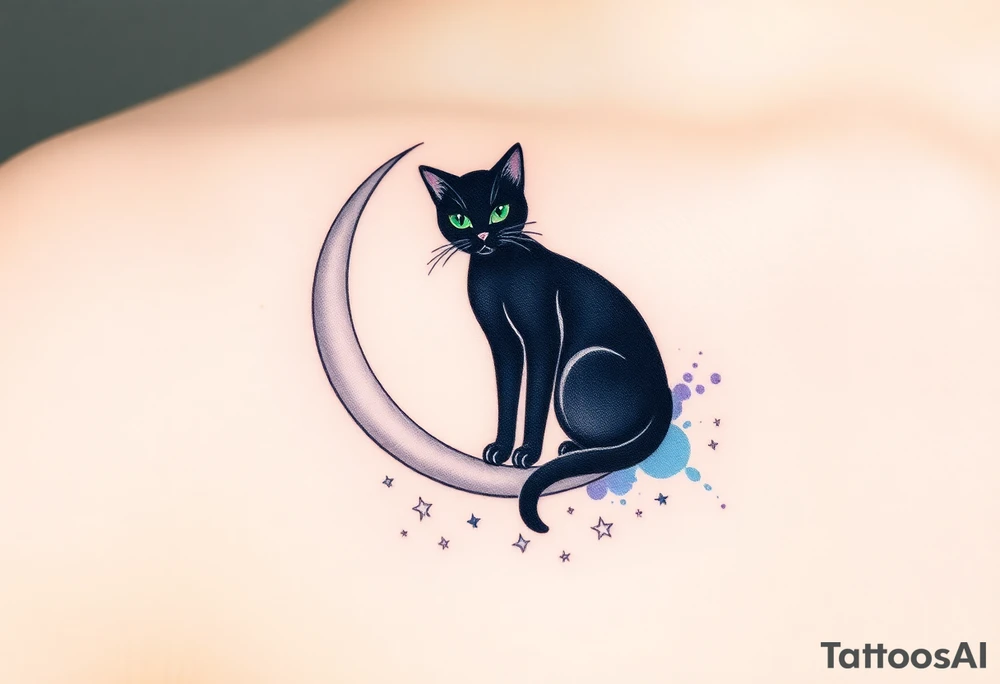 A sleek black cat sitting gracefully on a crescent moon, surrounded by a field of small, glowing stars. The cat's eyes are a bright emerald green, creating a striking contrast against its dark fur. The moon is a soft silver with a subtle gradient, transitioning from pale gray at the top to white at the bottom. Around the stars, there are gentle watercolor splashes in shades of midnight blue and deep purple, giving the design a dreamy, cosmic feel. The tattoo would have a mystical, enchanting vibe, symbolizing independence, intuition, and mystery. tattoo idea