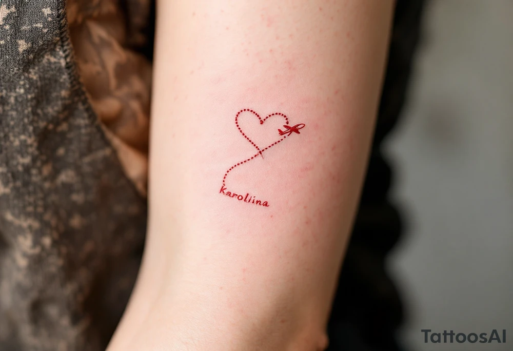 A dotted-line heart in red ink with a tiny plane drawing a trail spelling Karolína. tattoo idea