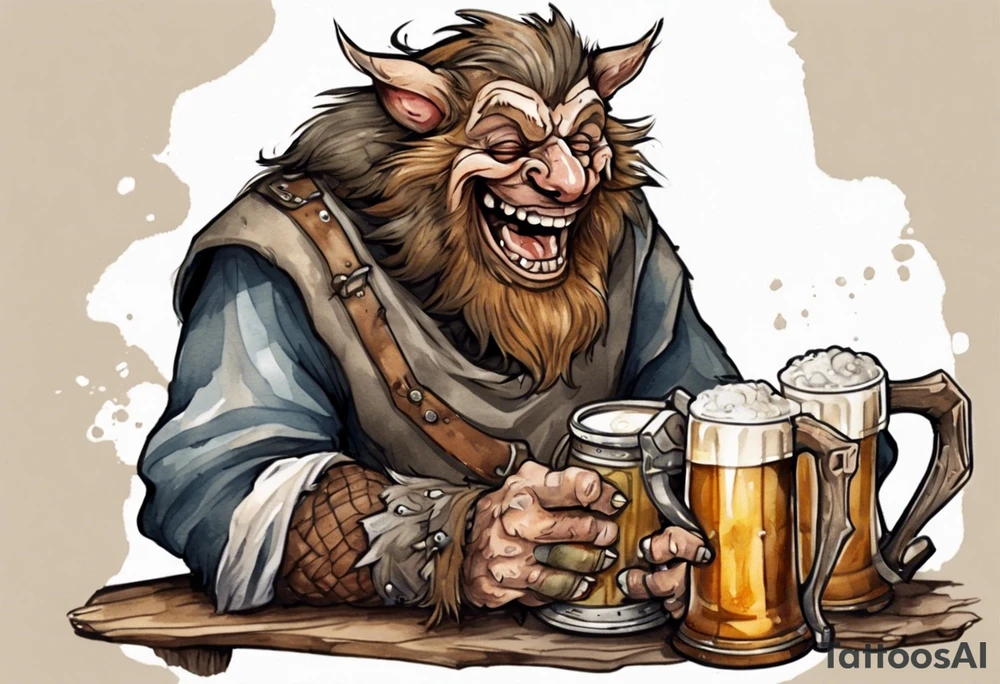 a medieval Bugbear wearing a tunic and drinking from a pewter mug of beer in a tavern, laughing tattoo idea