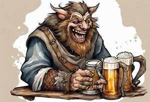 a medieval Bugbear wearing a tunic and drinking from a pewter mug of beer in a tavern, laughing tattoo idea