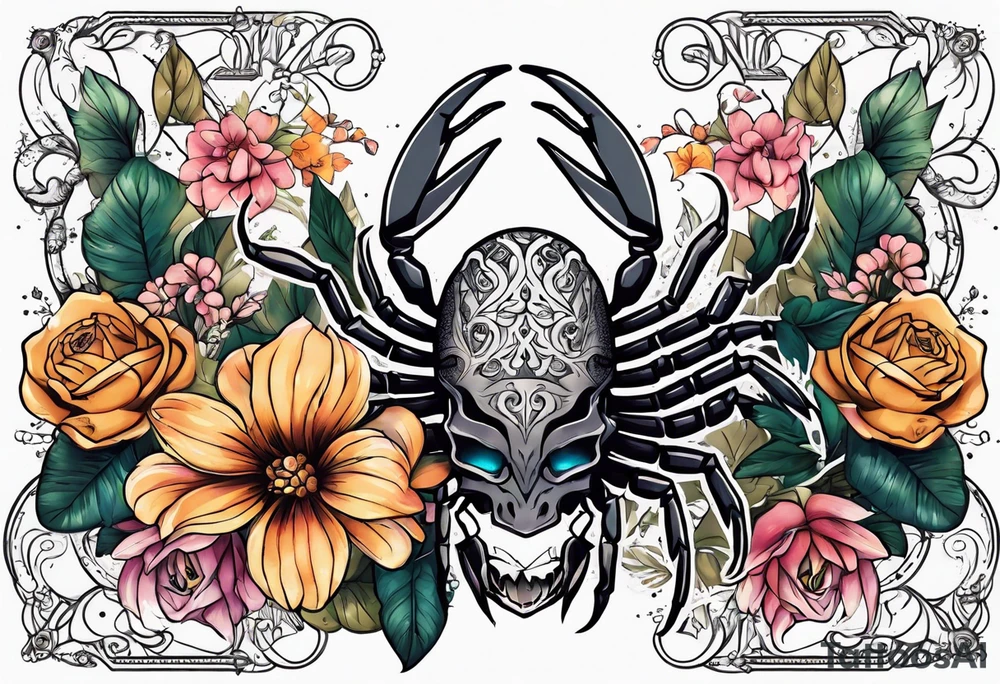 Large scorpion with a skull, flowers, and butterflies tattoo idea