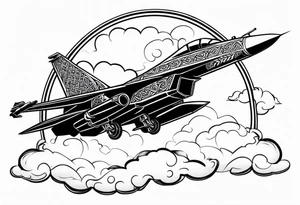 Fighter jet with a Celtic cross in the clouds. With the date 09-07-2023 in clouds tattoo idea