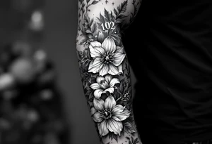 1 black band with roman numerals near elbow and 1 black band lower forearm, both with roman numerals in them. between the black bands fill the space with narcissus flowers and holly tattoo idea